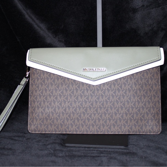 Michael Kors Handbags - Michael Kors Olive and Brown Monogram Clutch